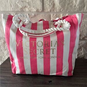 Victoria's Secret Reversible Pink and White Striped Canvas Beach Tote